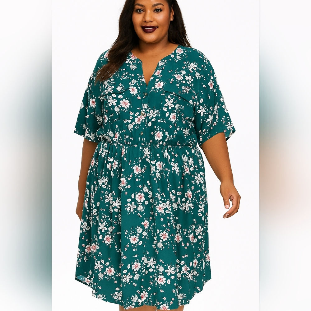 NWT Bloomchic Plus Size Floral Cinched Waist Midi Dress - Green & White Size 28
